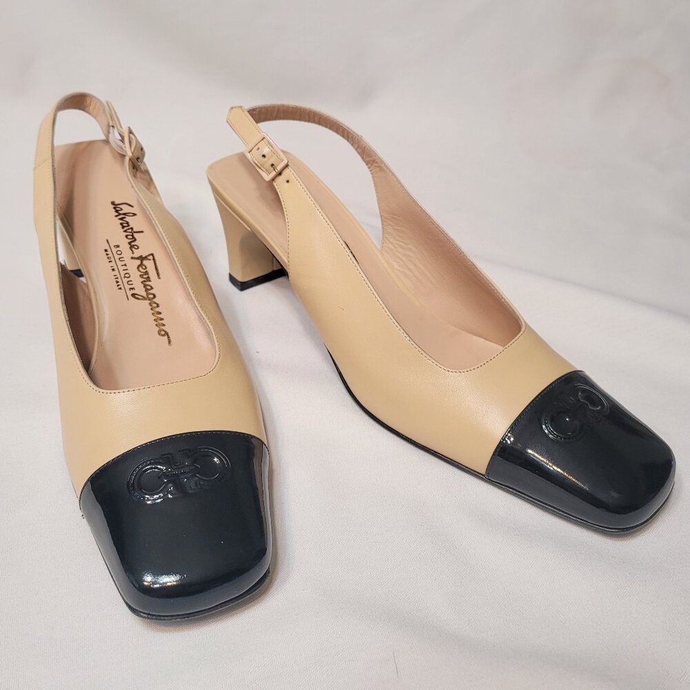 Salvatore Ferragamo Women's Vtg Black Beige Leather Slingback Pumps Size 8AA